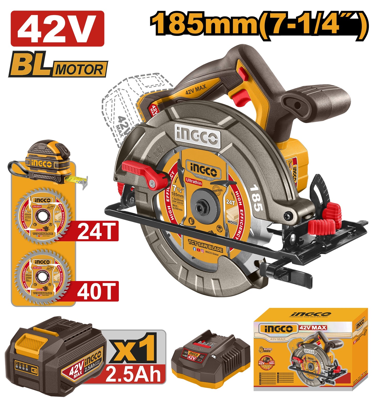 Ingco 42V Cordless Circular Saw 185mm Kit P42M
