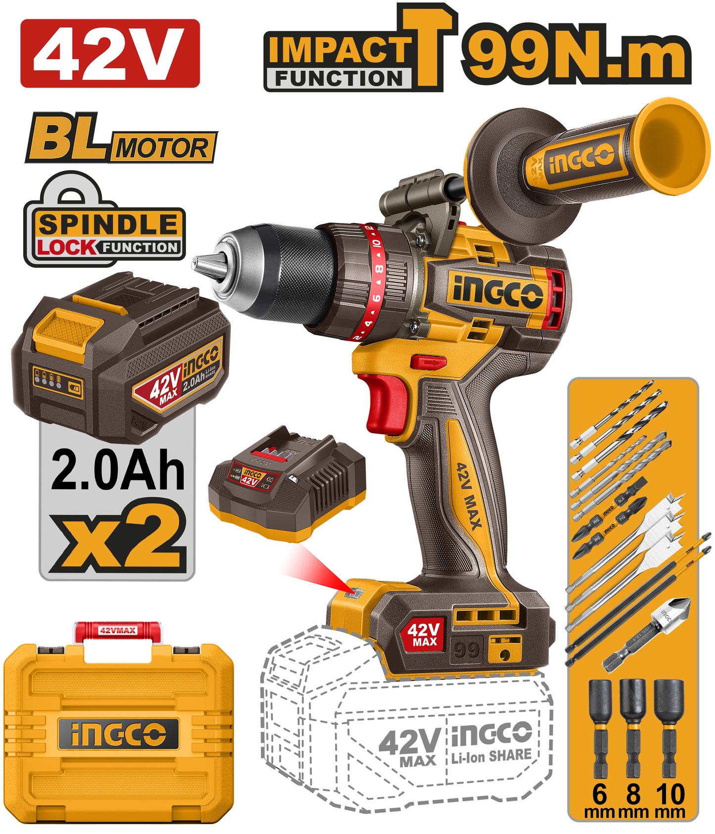 Ingco 42V Cordless Impact Drill 99Nm Kit P42M