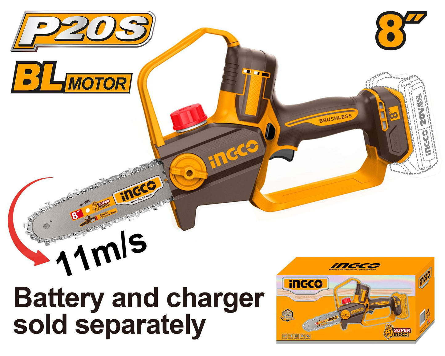 Ingco Cordless Pruner Chainsaw 8" 20V Self Lubricating (Tool Only)