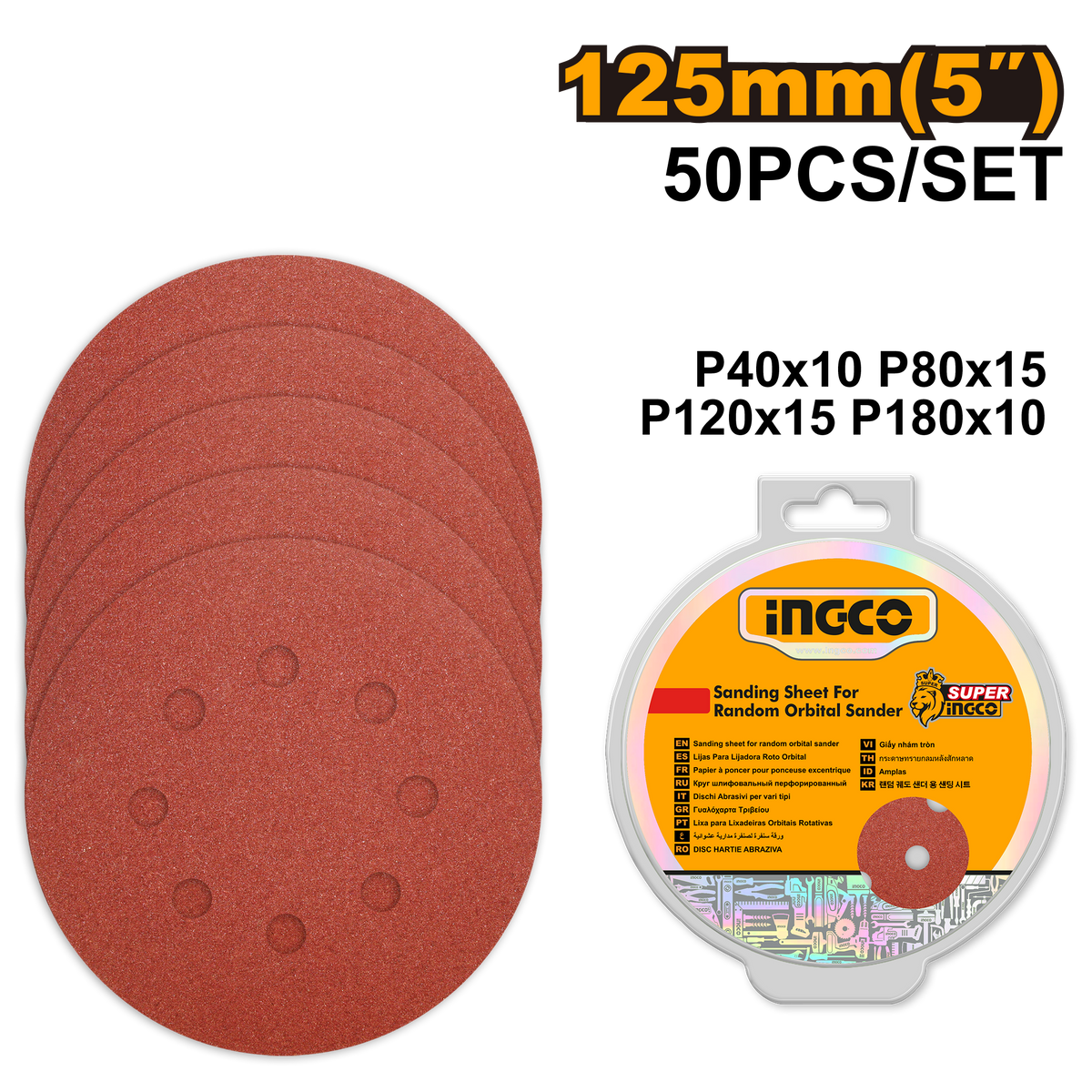 Ingco Sanding Sheets For Random Orbital Sander 125mm 50pcs
