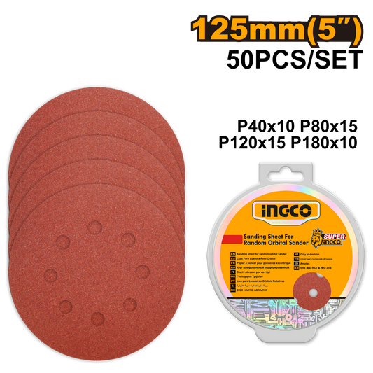 Ingco Sanding Sheets For Random Orbital Sander 125mm 50pcs