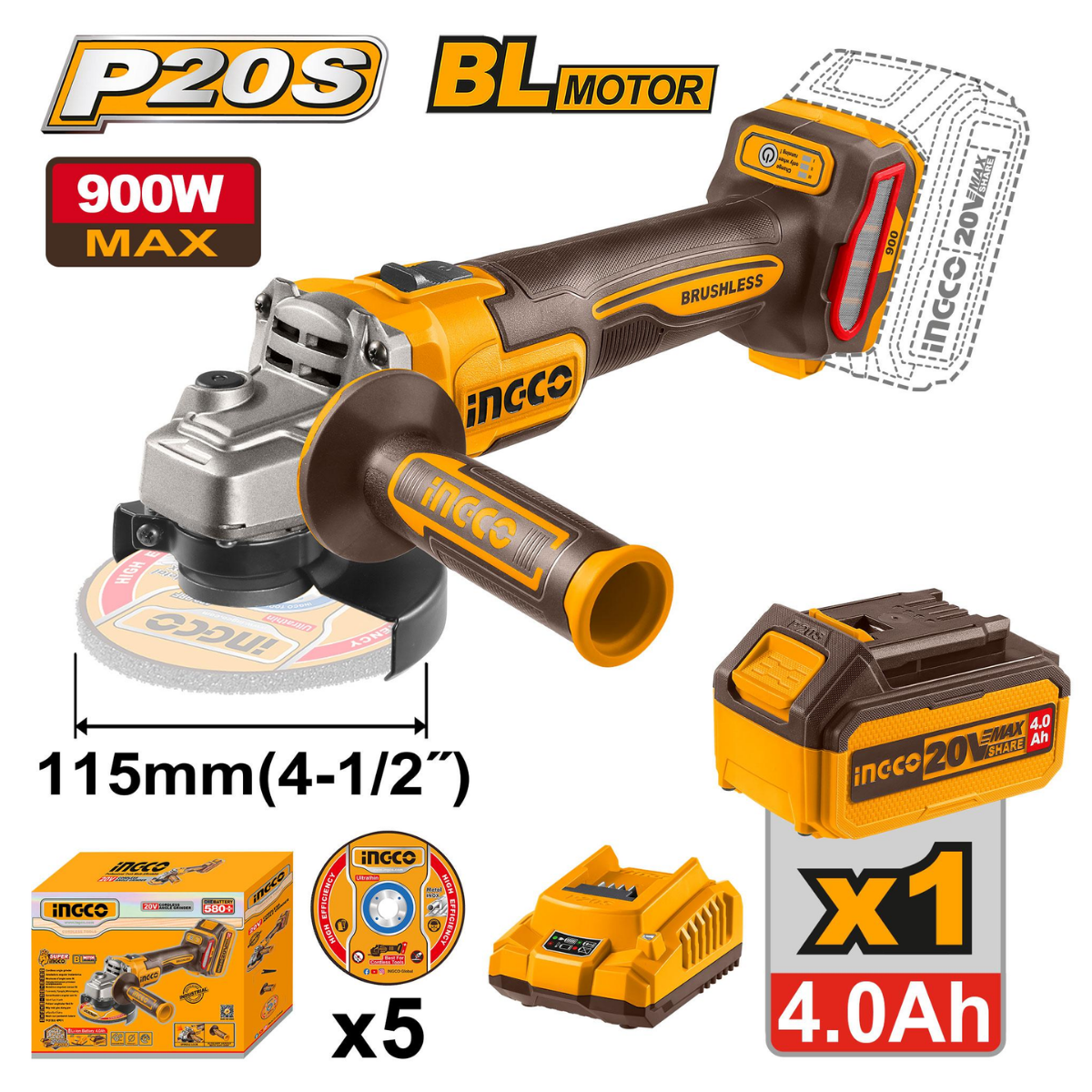 Ingco Cordless Angle Grinder 900W 115MM 20V Kit CAGLI261521
