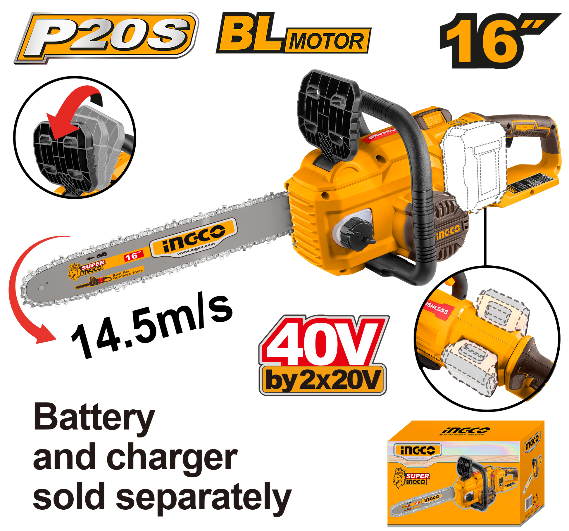 Ingco Cordless Chainsaw Brushless 16" 40V (Tool only) CGSLI40168