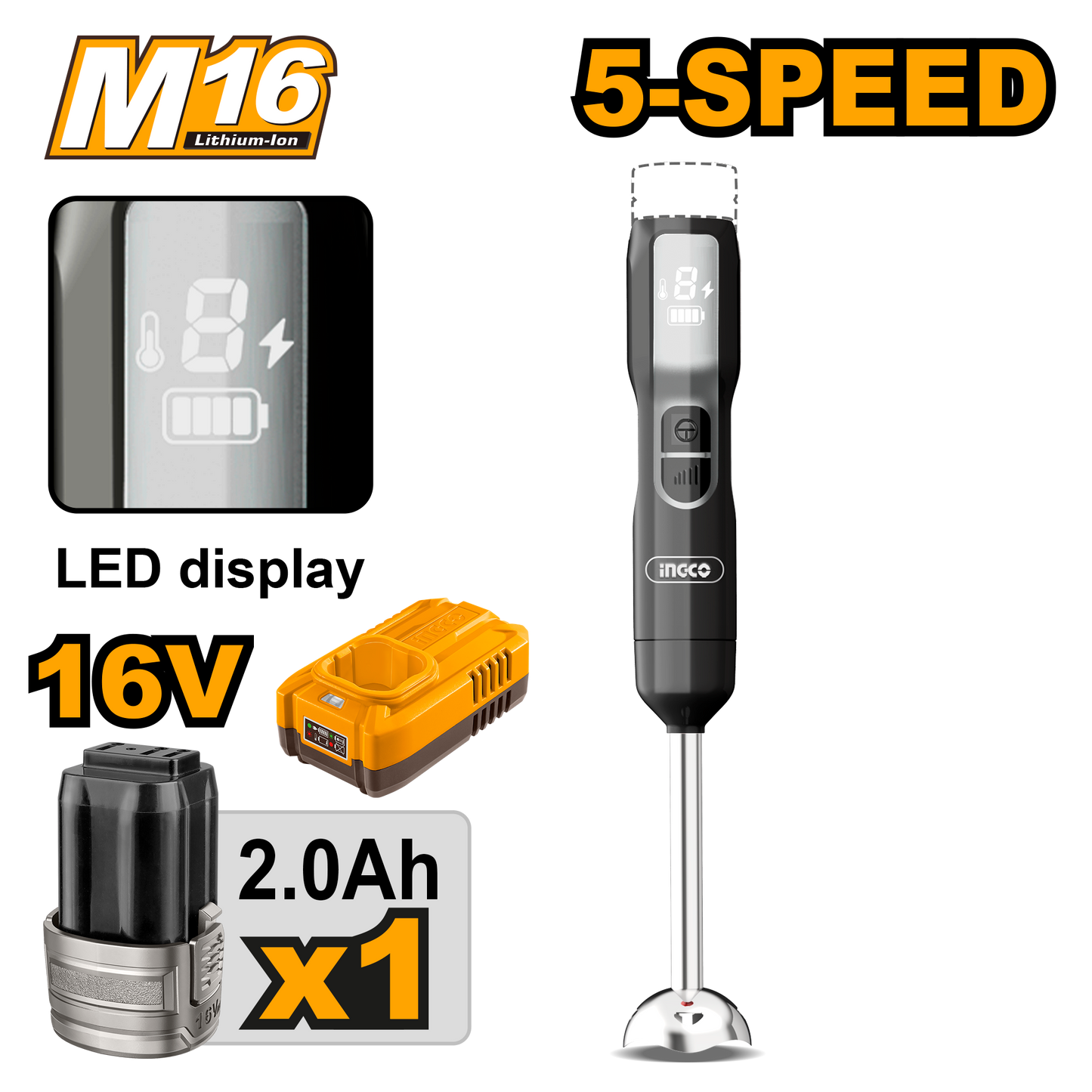 Ingco Cordless Hand Blender 100W Kit 16V