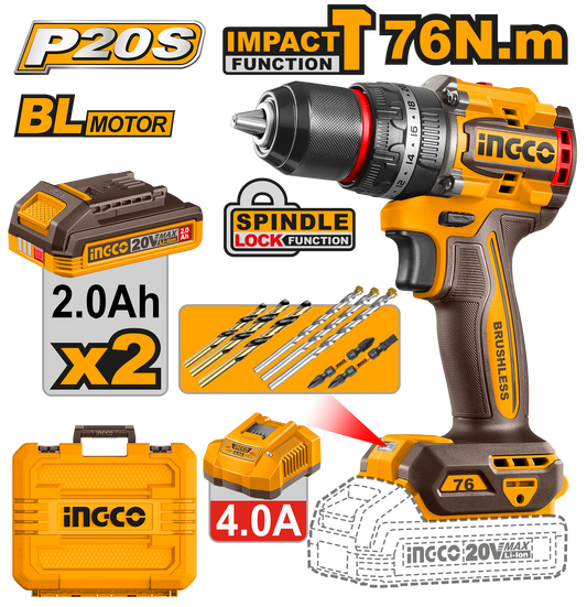 Ingco Cordless Impact Drill Kit 76Nm Brushless 20V (Compact)