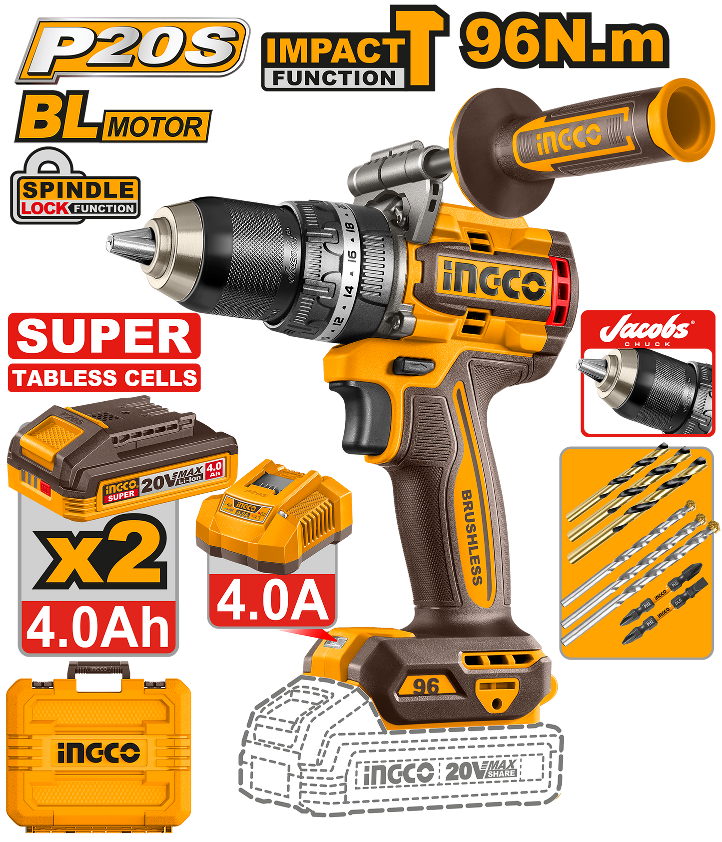 Ingco Cordless Impact Drill Kit 96NM With New 4ah Tabless Batteries P20S