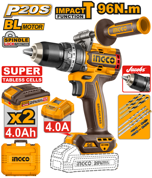 Ingco Cordless Impact Drill Kit 96NM With New 4ah Tabless Batteries P20S
