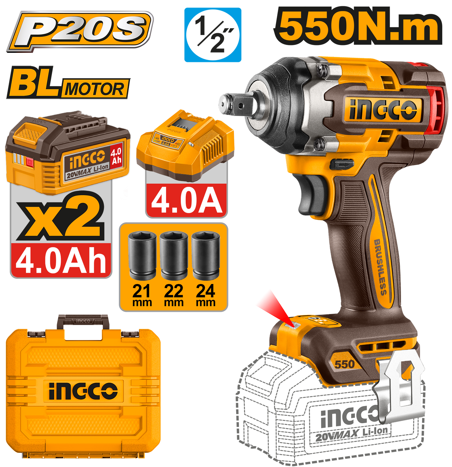 Ingco Cordless Impact Wrench 550Nm 20V Kit