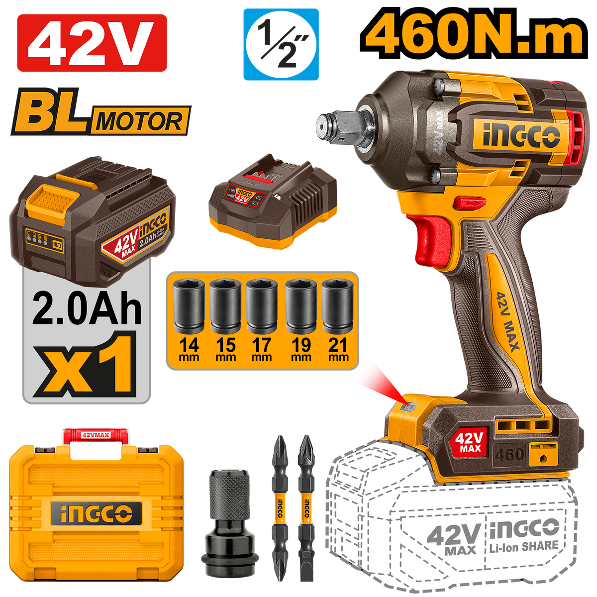 Ingco 42V Cordless Impact Wrench 460Nm Kit P42M