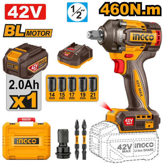Ingco 42V Cordless Impact Wrench 460Nm Kit P42M
