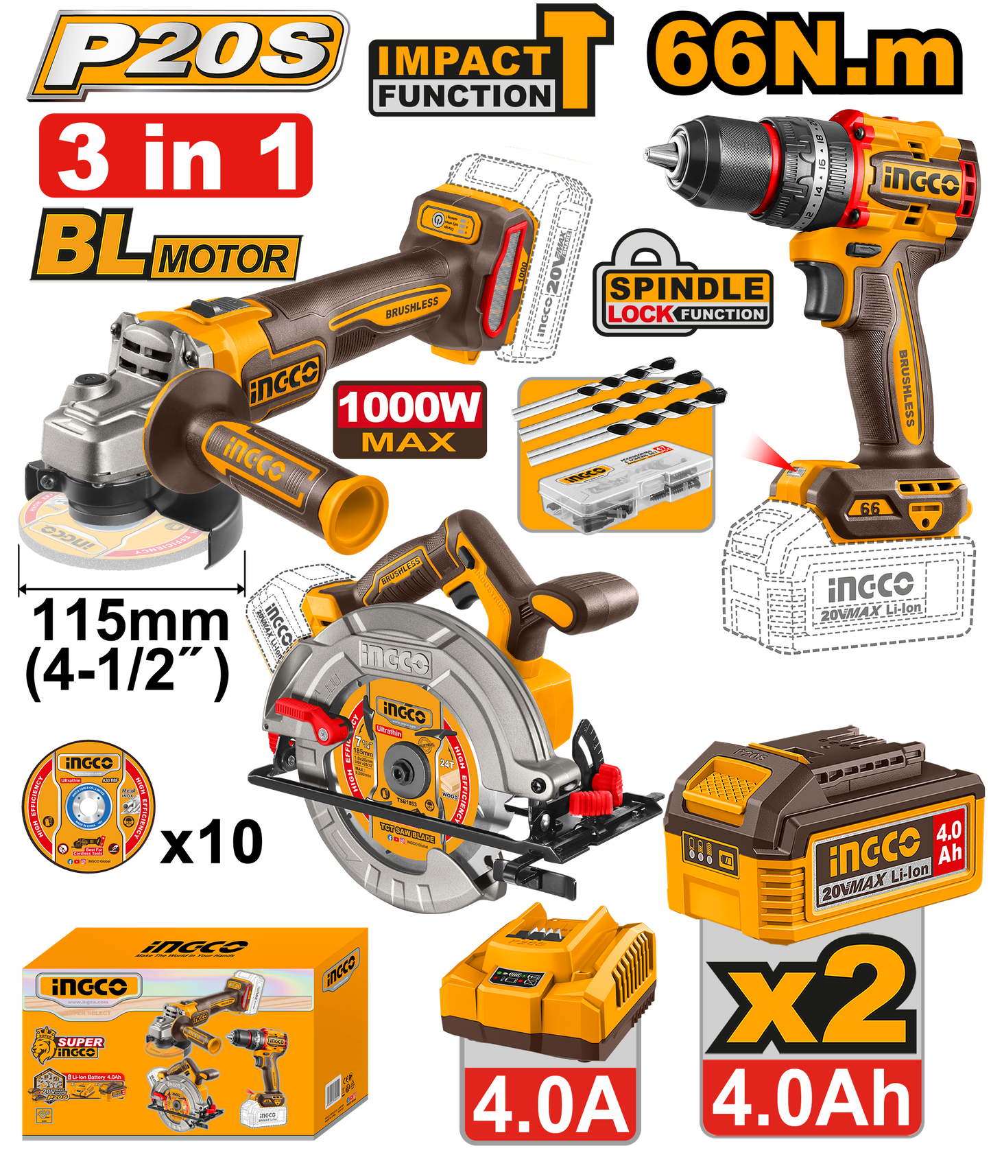 Ingco Cordless Impact Drill, Angle Grinder & Circular Saw 3 Pcs Combo Kit CKLI25032801