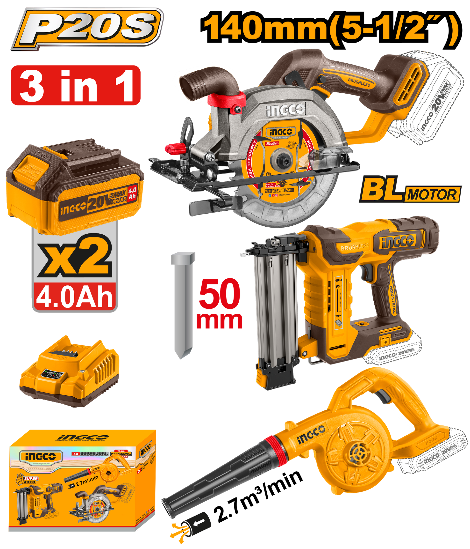 Ingco Cordless Blower, Brad Nailer & Circular Saw 3 Piece Combo Kit CKLI25032802