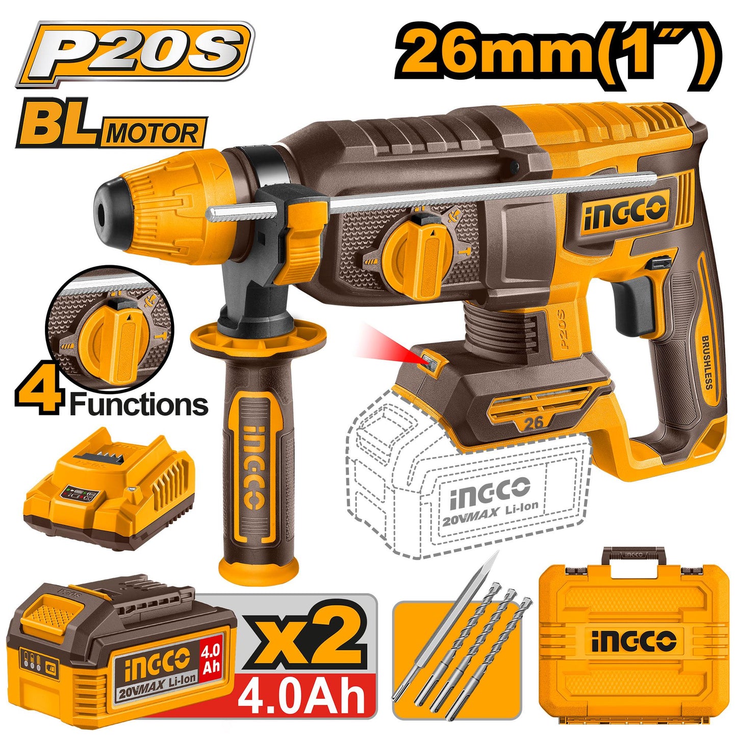 Ingco Cordless Rotary Hammer Drill 26mm 20V Kit - With 2x Batteries & Charger CRHLl202682