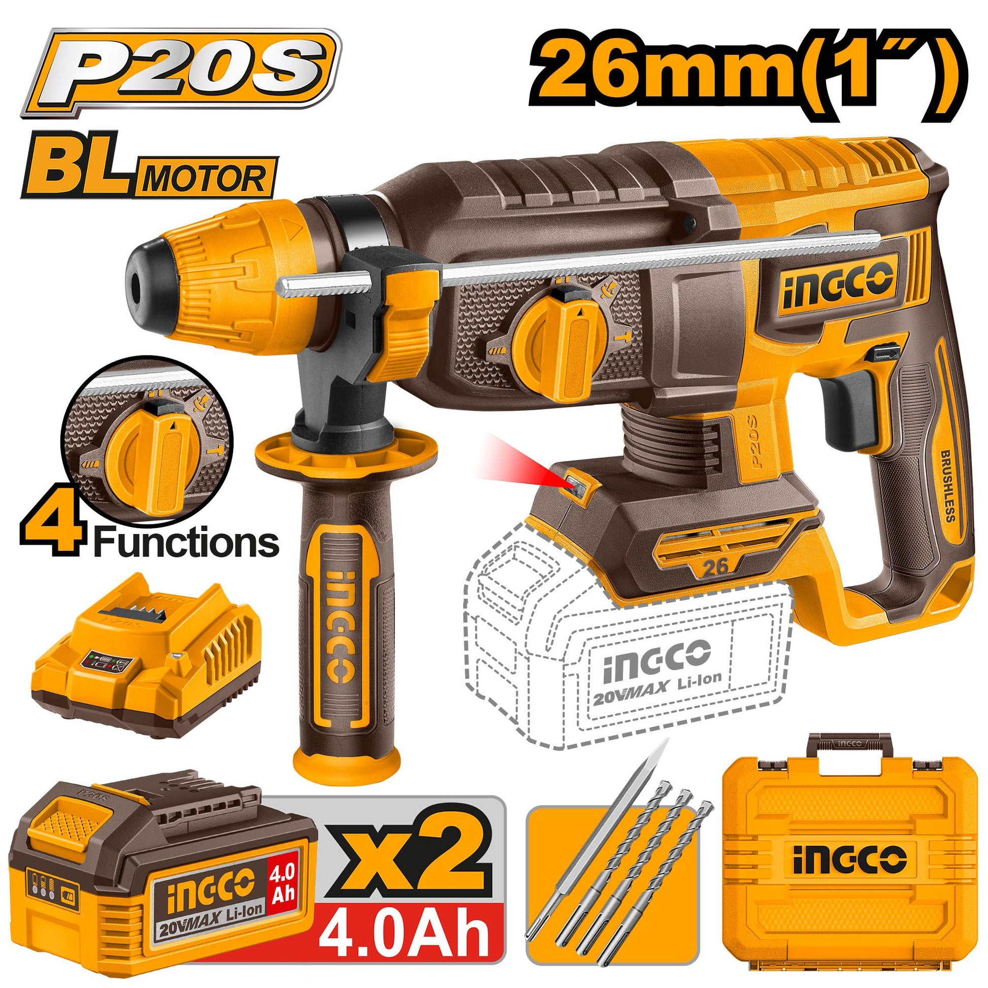 Ingco Cordless Rotary Hammer Drill 26mm 20V Kit - With 2x Batteries & Charger CRHLl202682