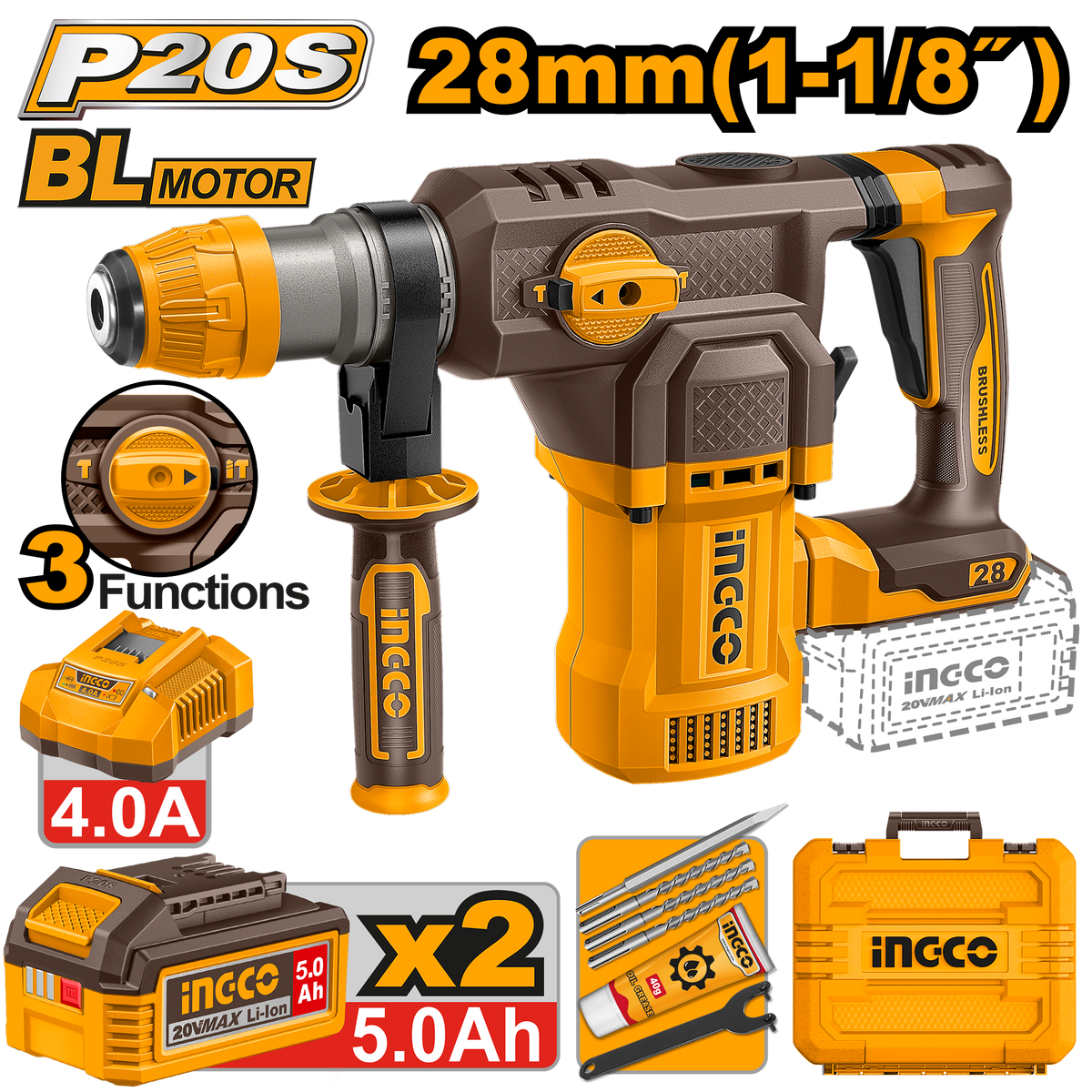 Ingco Cordless Rotary Hammer Drill 28mm Kit