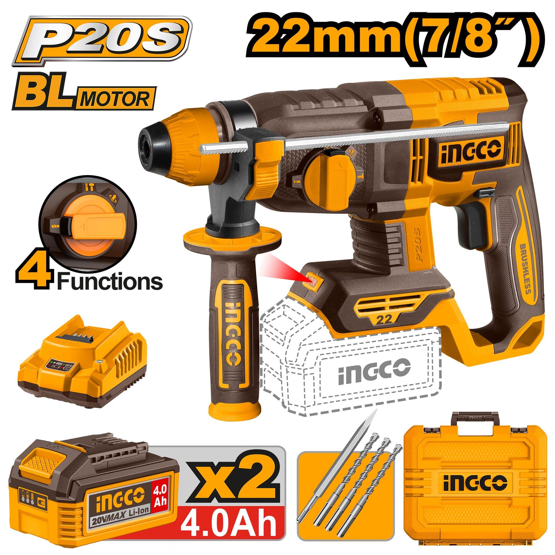 Ingco Cordless Rotary Hammer Drill 22mm 20V Kit With 2 Batteries & Charger CRHLI212282