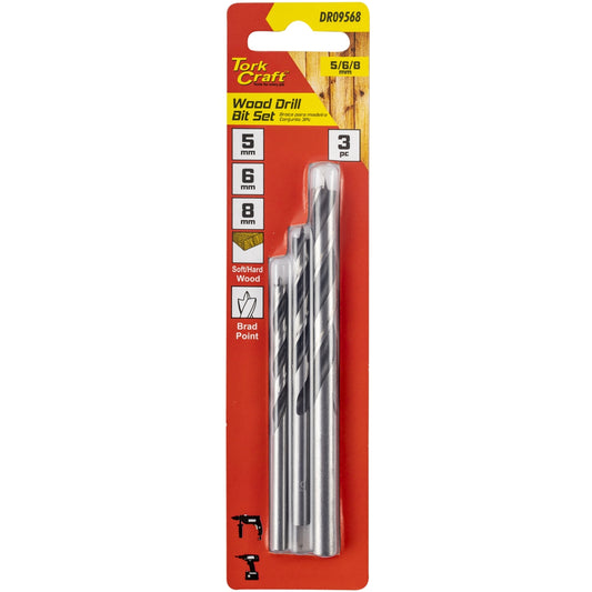 Tork Craft Drill Bit Wood 3Pc Set 5-6-8Mm