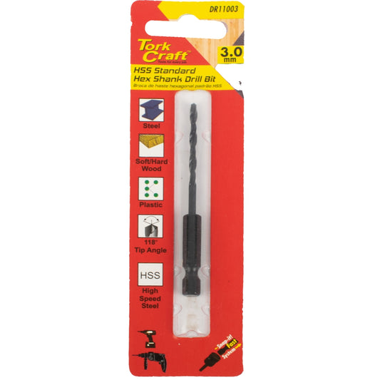 Tork Craft Drill Bit Hss Standard 3.0Mm Hex Shank 1/Card