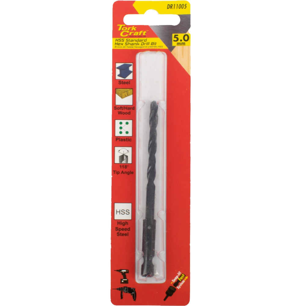 Tork Craft Drill Bit Hss Standard 5.0Mm Hex Shank 1/Card