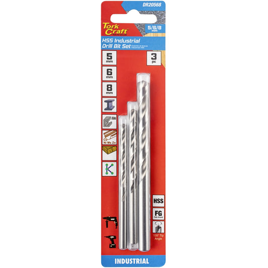 Tork Craft Drill Bit Hss 3Pc Set 5-6-8Mm Industrial 135 Ground