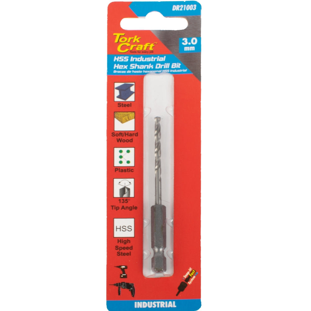 Tork Craft Drill Hss 3.0Mm 135Deg 1/Card Hex Shank Industrial Bit