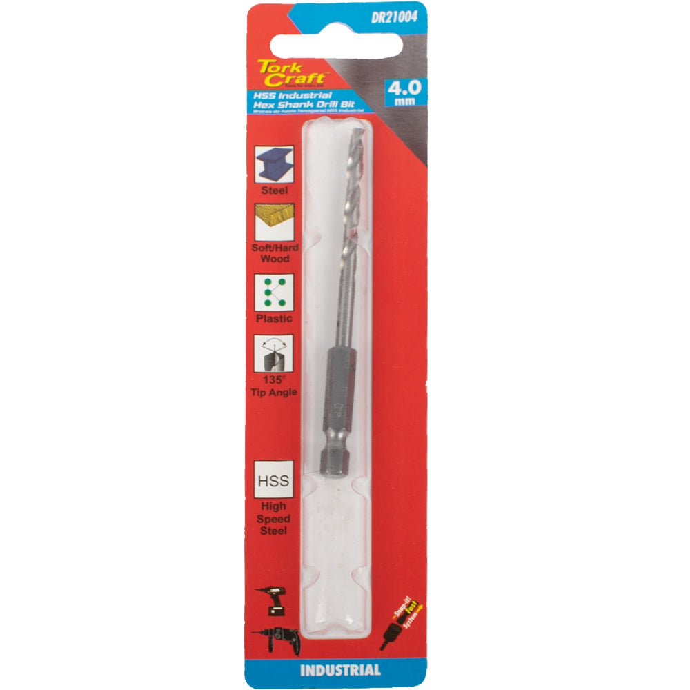 Tork Craft Drill Hss 4.0Mm 135Deg 1/Card Hex Shank Industrial Bit