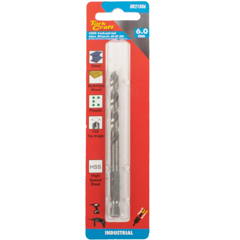 Tork Craft Drill Hss 6.0Mm 135Deg 1/Card Hex Shank Industrial Bit