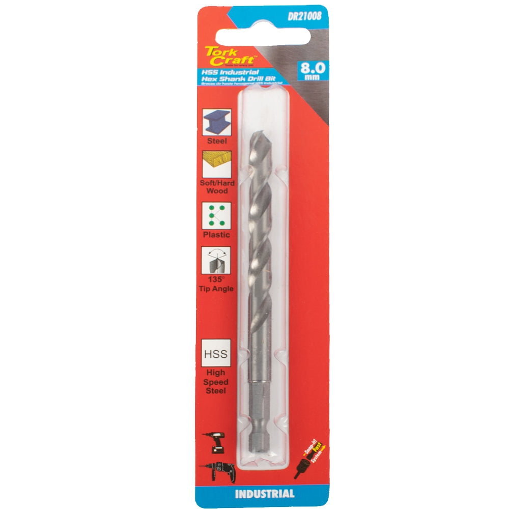 Tork Craft Drill Hss 8.0Mm 135Deg 1/Card Hex Shank Industrial Bit