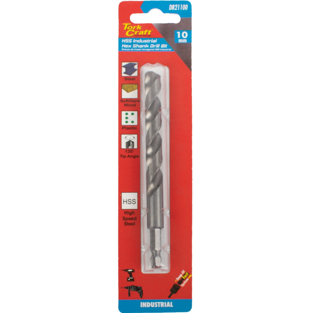 Tork Craft Drill Hss 10.0Mm 135Deg 1/Card Hex Shank Industrial Bit