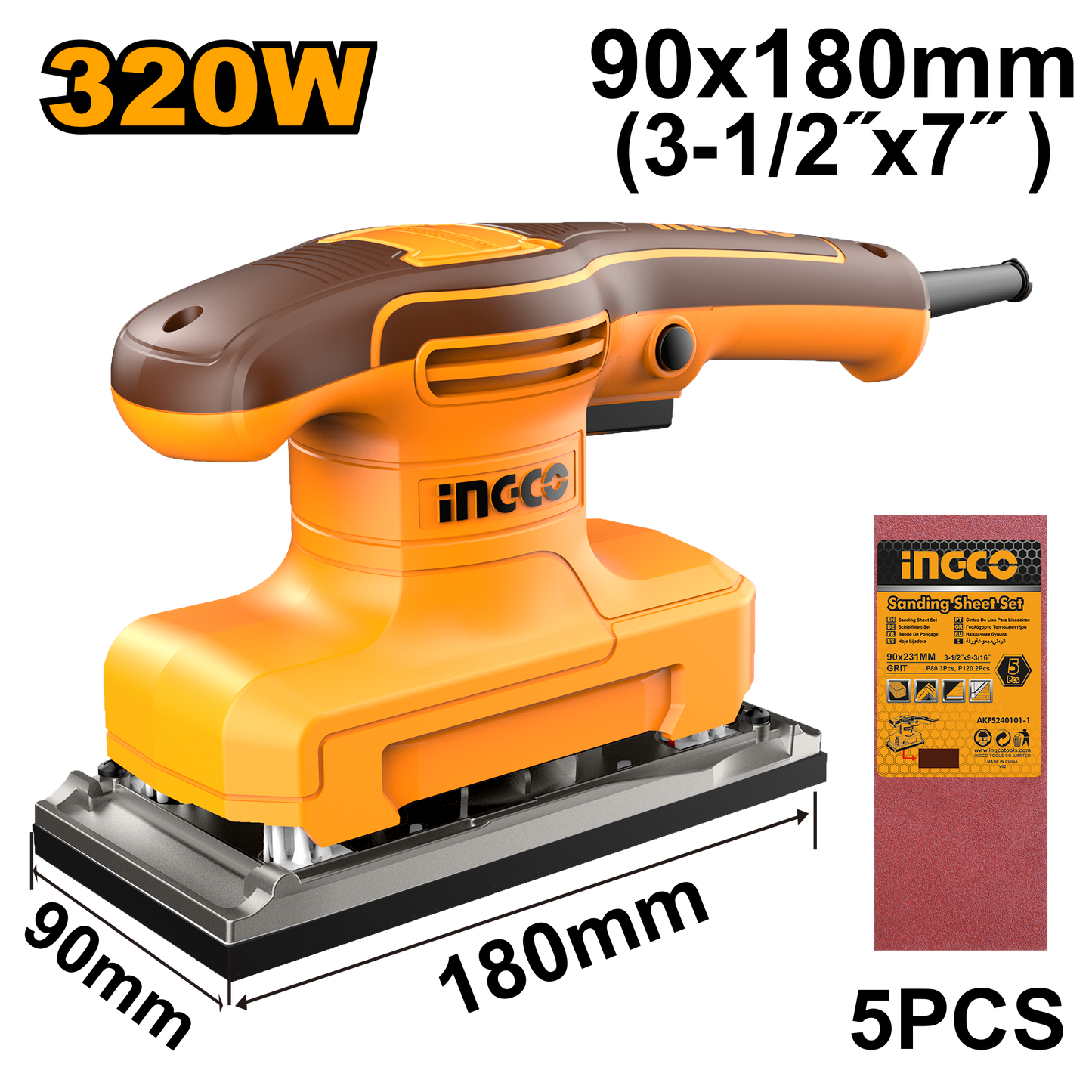 Ingco Finishing Sander 320W 90X180MM Incl 5Pcs Paper (Corded)