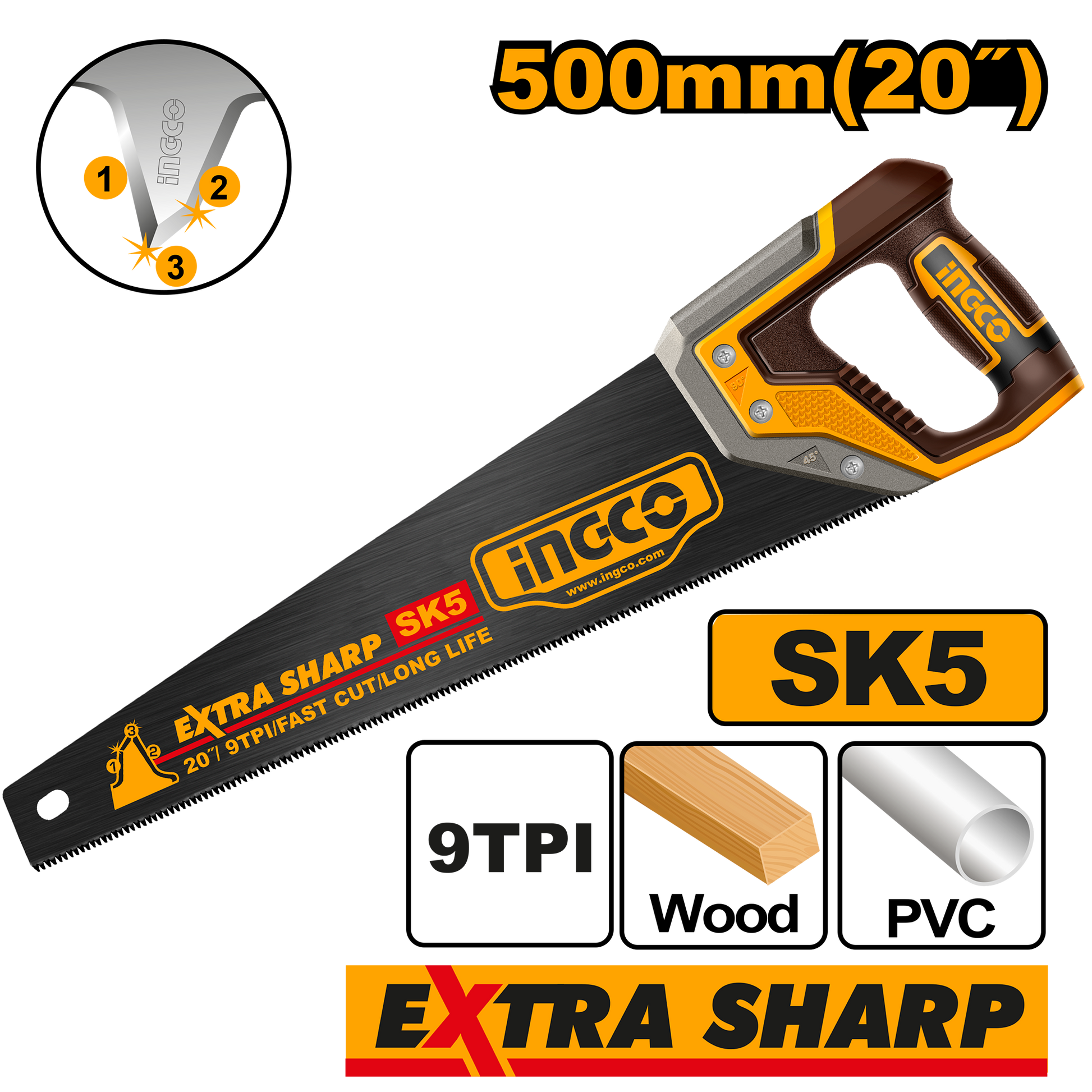 Ingco Saw Hand 500Mm 9Tpi X Sharp Bld Sk5 HHAS68500