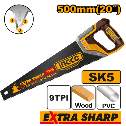 Ingco Saw Hand 500Mm 9Tpi X Sharp Bld Sk5 HHAS68500
