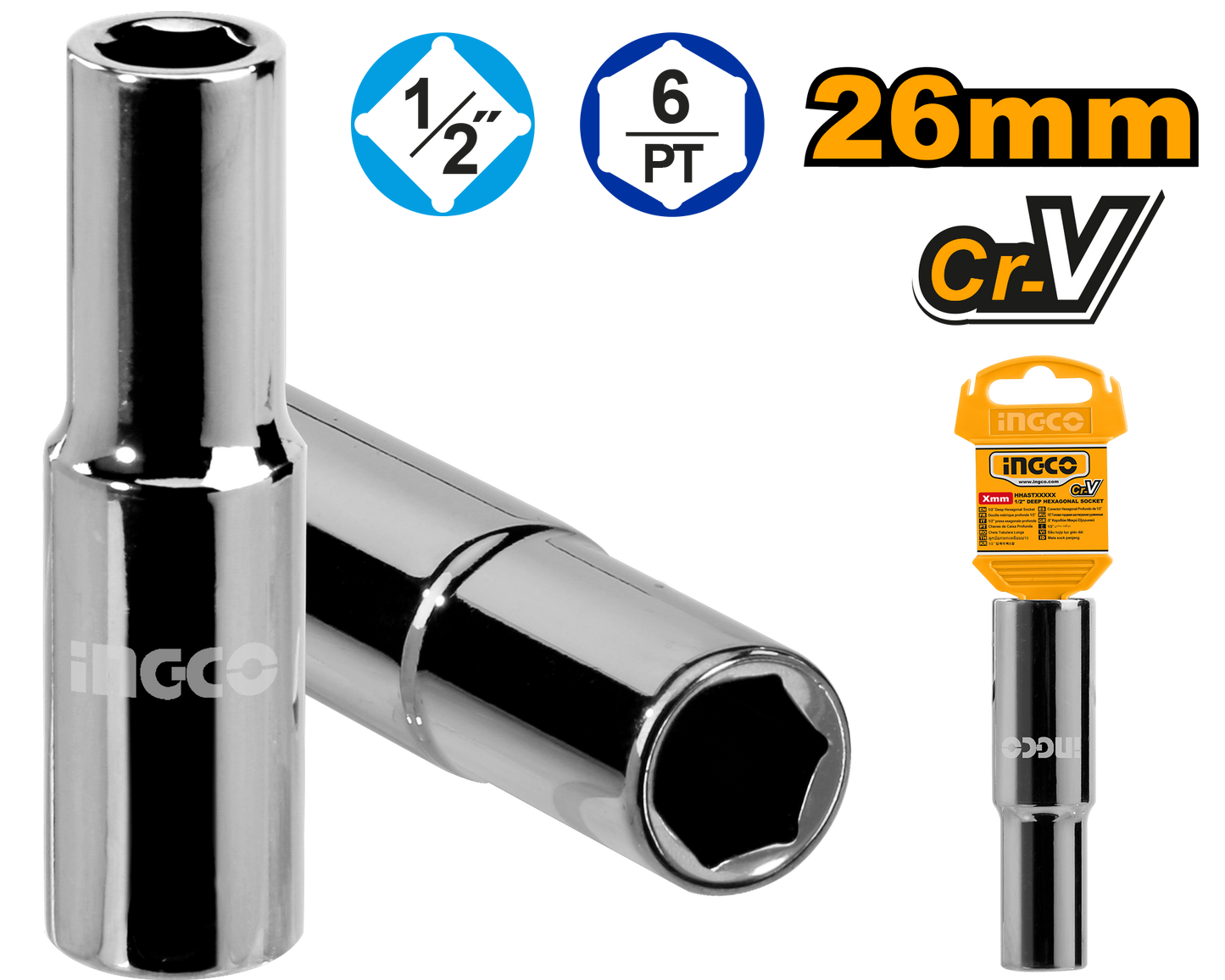 Ingco Socket Deep Hex 1/2Dr 6Pt 26Mm HHAST12263L