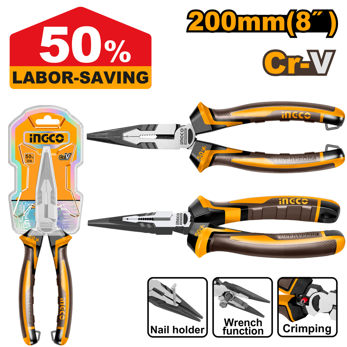 Ingco High Leverage Long Nose Plier 200mm