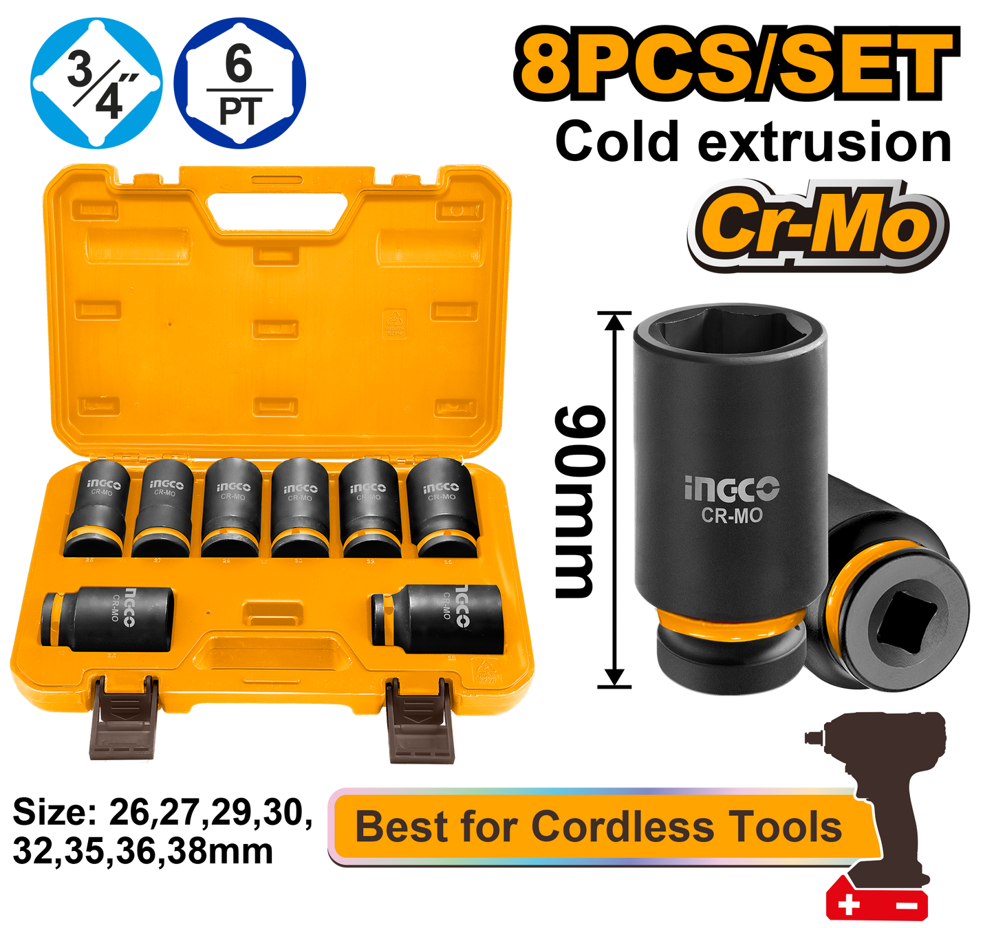 Ingco Impact Socket Set 3/4" Drive 8Pcs 26mm - 38mm