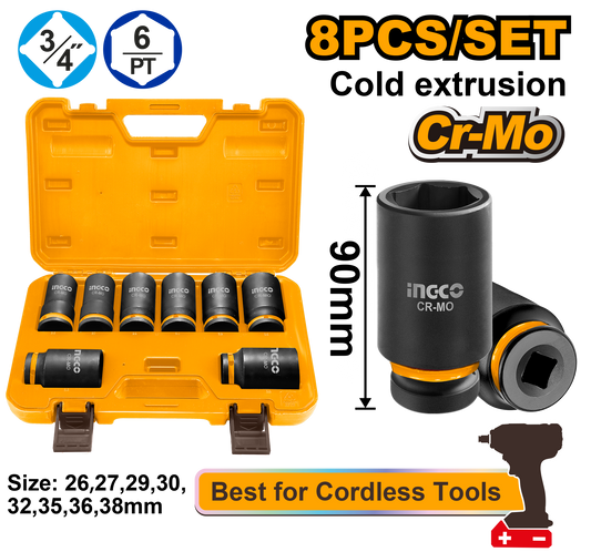 Ingco Impact Socket Set 3/4" Drive 8Pcs 26mm - 38mm