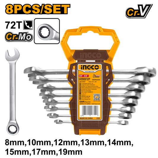 Ingco Spanner Set Ratchet O/End 6-19Mm 8Pc