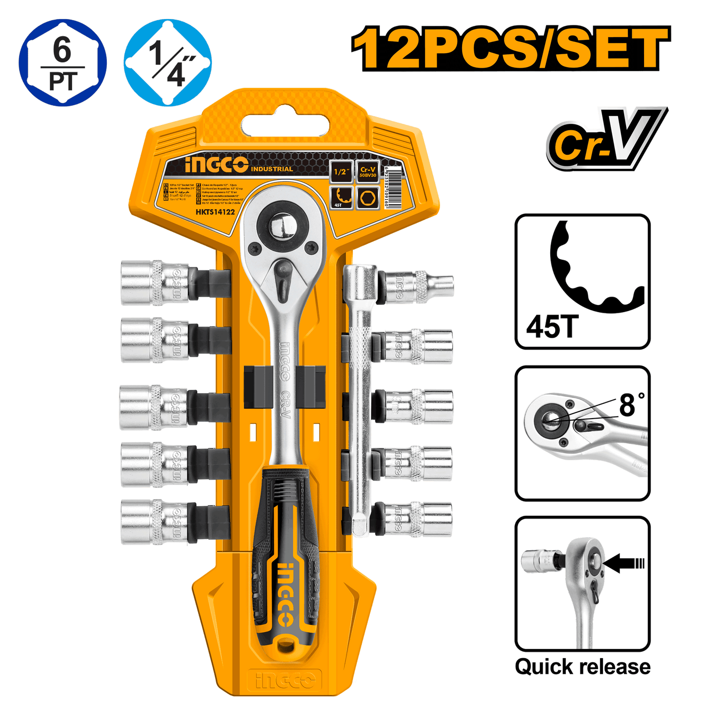 Ingco Socket Set 1/4 5-14Mm Hanger 12Pc