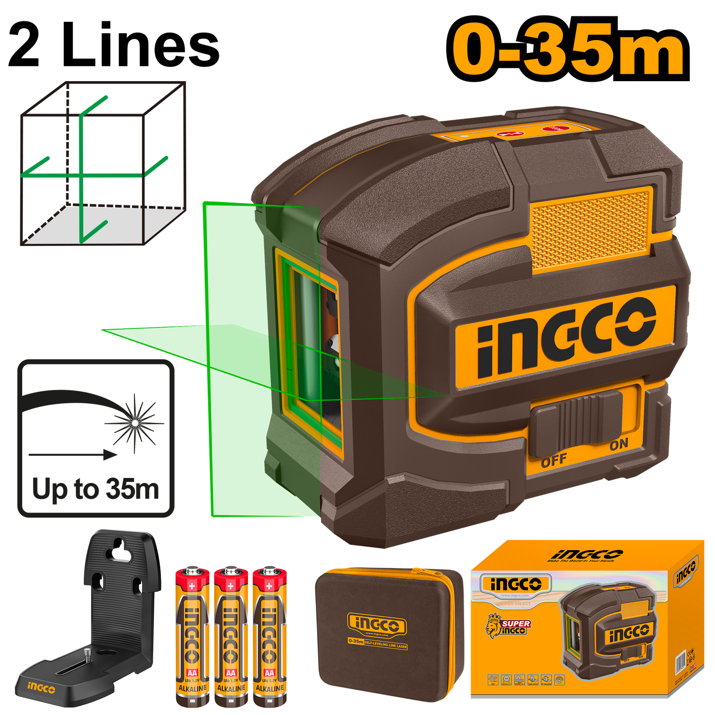 Ingco Self Leveling Laser 0-35M 2 Line (Green)