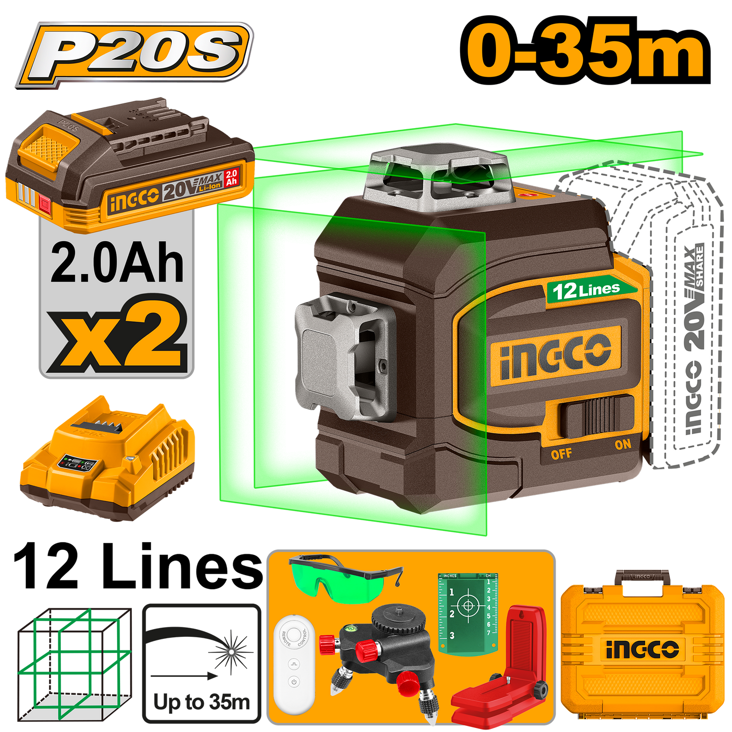 Ingco Cordless 3D Laser Level Kit 0- 35m 12 Lines P20S