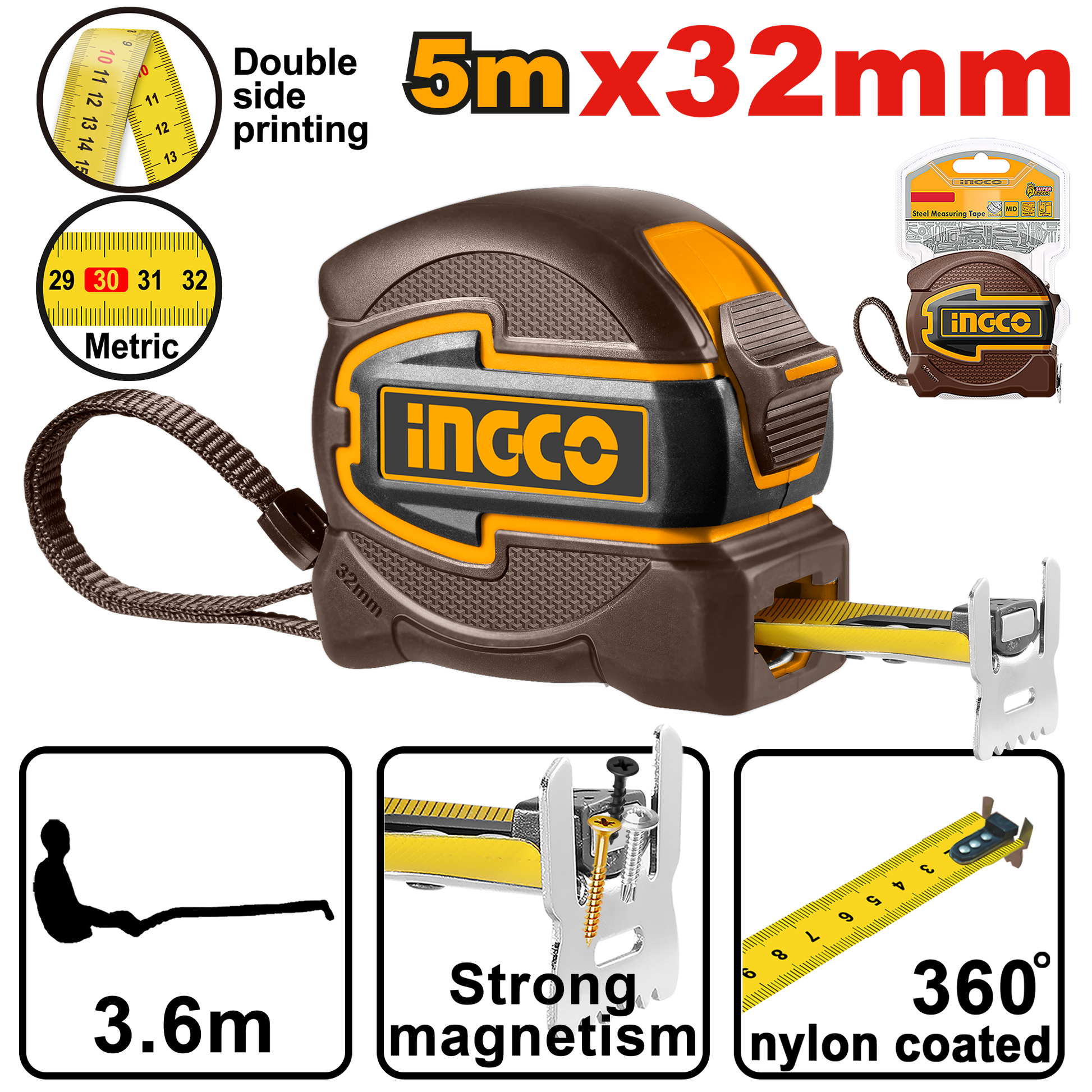 Ingco Tape Measure Steel R/Case 5Mx32Mm Mag Dbl Hook HSMT80532M