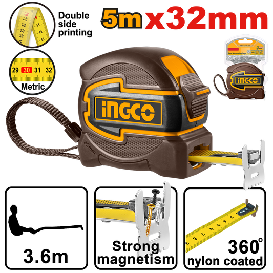 Ingco Tape Measure Steel R/Case 5Mx32Mm Mag Dbl Hook HSMT80532M