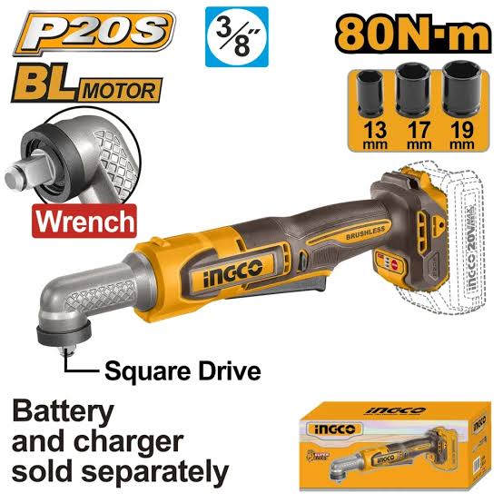 Ingco Cordless Angle Impact Wrench 80Nm 3/8"Dr (Tool Only)