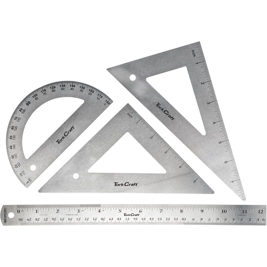 Tork Craft Protractor Ruler & 2 X Traingle Set 4Pc