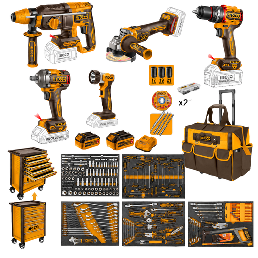 Ingco Ultimate Cordless Tool Kit and 356 Pcs Tool Trolley Combo Kit