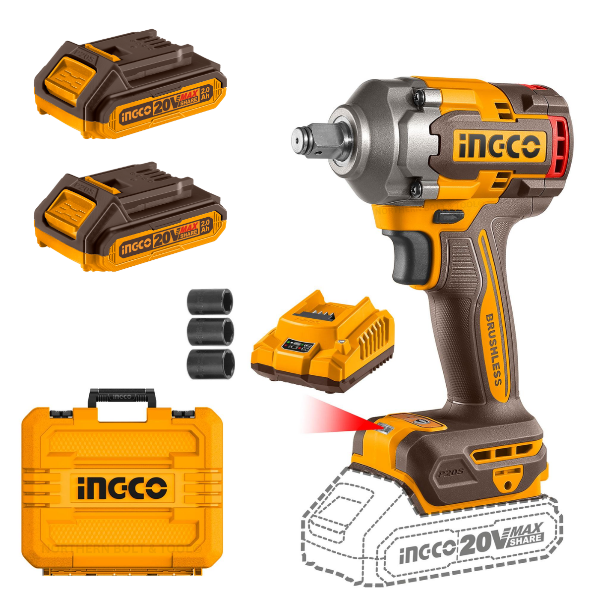 Ingco Cordless Impact Wrench 400Nm 20V Kit