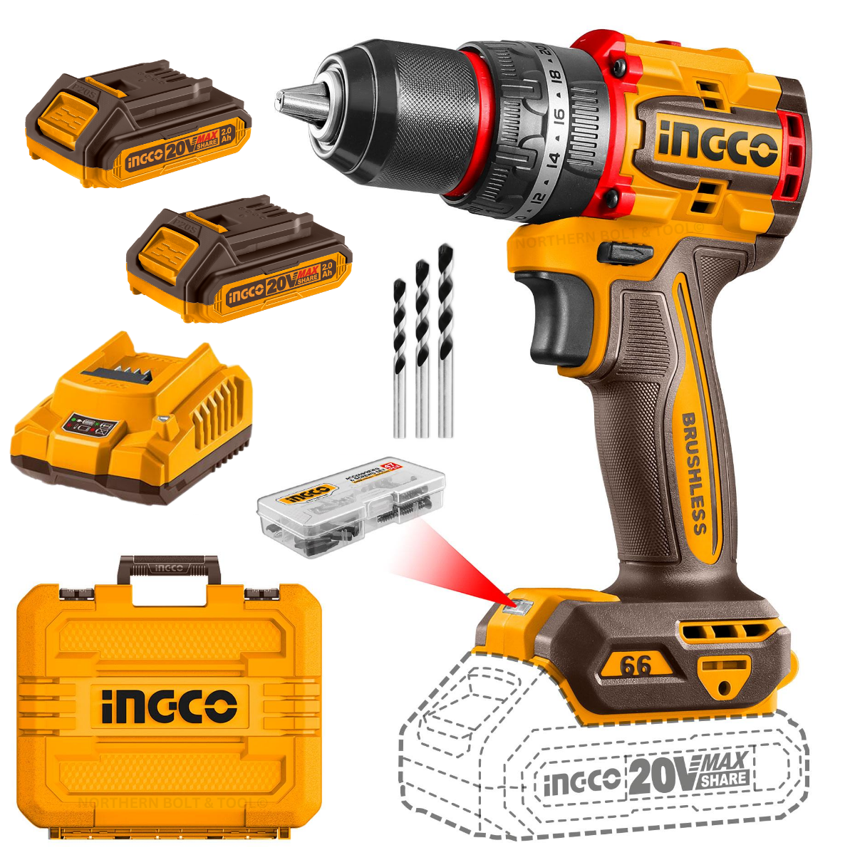 Ingco Cordless Impact Drill (Compact) 66Nm Brushless Kit CIDLI20668