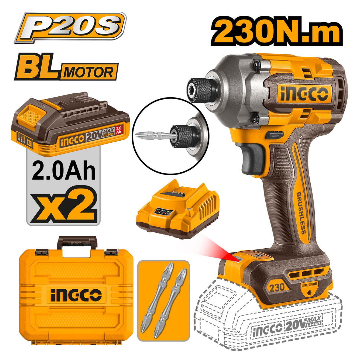 Ingco Cordless Impact Driver 230Nm 20V (Brushless) Kit CIRLI2023