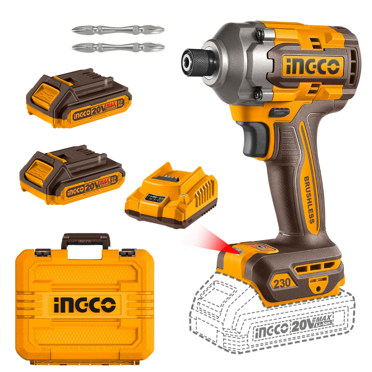 Ingco Cordless Impact Driver 230Nm 20V (Brushless) Kit CIRLI2023