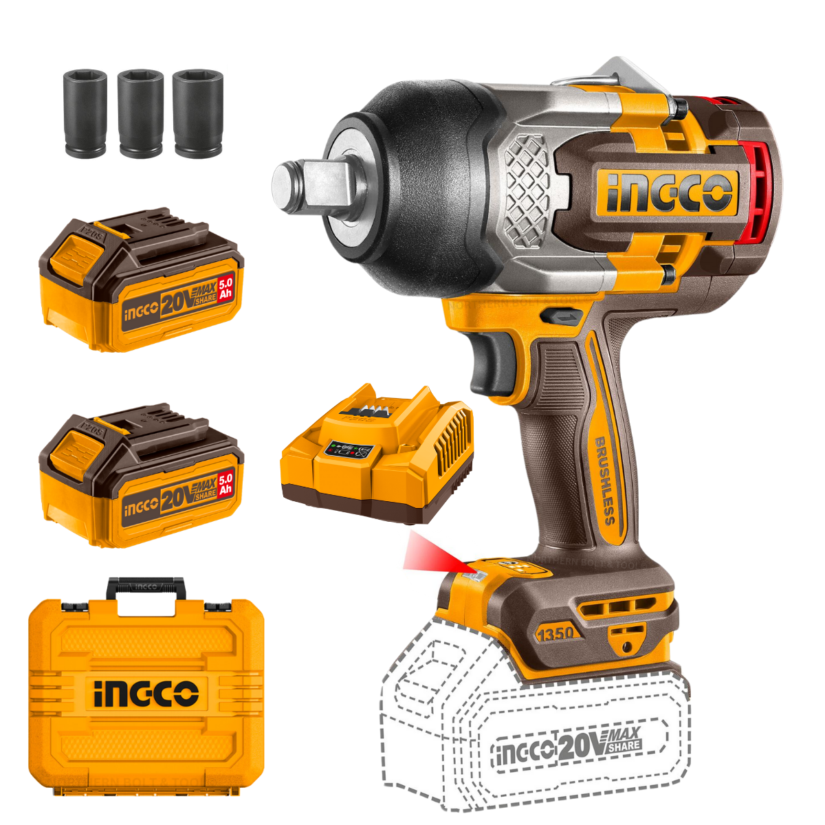 Ingco Cordless Impact Wrench 1350Nm 20V Kit CIWLI20135